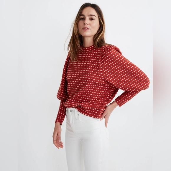 Madewell Puff-Sleeve Mockneck Red Sweater in Bow-Tie Jacquard - Picture 3 of 8